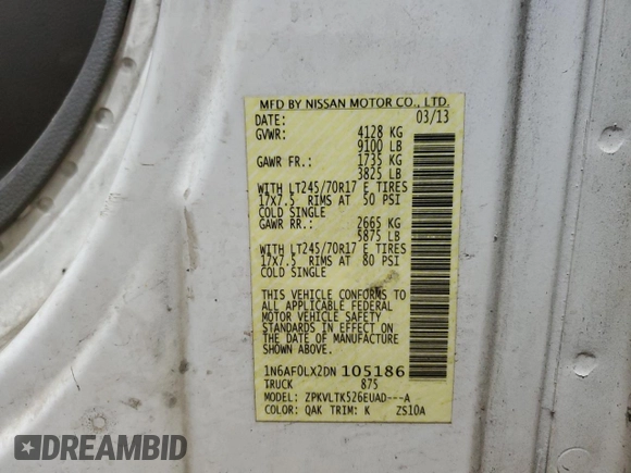 2013 Nissan NV S with VIN 1N6AF0LX2DN105186, listed as a Copart auction lot 78265124 with 262,267 mi miles and Clean Title. Bid and sale history available at carsss.com. Image 13.