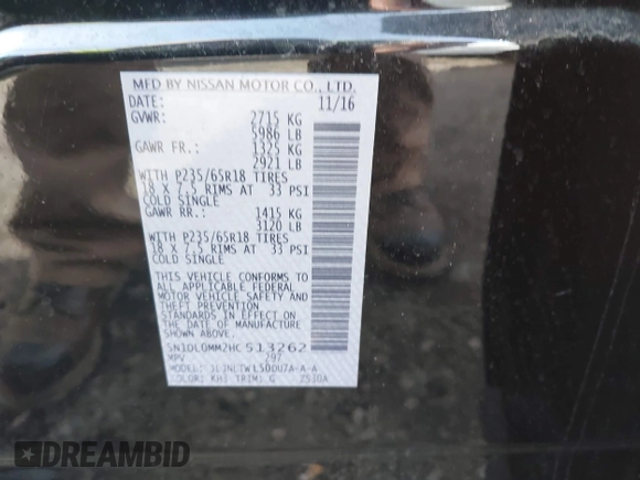 2017 Infiniti QX60 with VIN 5N1DL0MM2HC513262, listed as a IAAI auction lot 42016988 with 96,233 mi miles and . Bid and sale history available at DreamBid. Image 9.