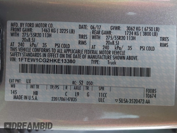 2017 Ford F-150 XL with VIN 1FTEW1CG2HKE13380, listed as a IAAI auction lot 41618638 with 41,225 mi miles. Bid and sale history available at carsss.com. Image 9.