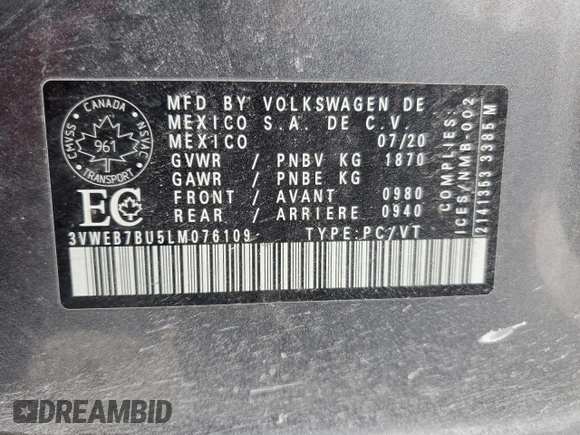 2020 Volkswagen Jetta SEL с VIN 3VWEB7BU5LM076109, выставлен на аукционе Copart как лот 86709454 с пробегом 71 497 миль миль и Списание • Salvage title. История ставок и продаж доступна на DreamBid. Изображение 12.