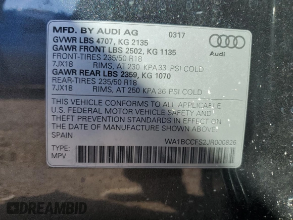 2018 Audi Q3 Premium with VIN WA1BCCFS2JR000826, listed as a Copart auction lot 41724573 with 45,713 mi miles. Bid and sale history available at carsss.com. Image 13.