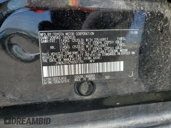 2009 Toyota RAV4 Ltd with VIN JTMZK31V29D001296, listed as a Copart auction lot 67215454 with 0 mi miles and Salvage Title. Bid and sale history available at carsss.com. Image 14.