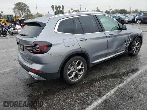 2023 BMW X3 sDrive30i with VIN 5UX43DP08P9S82575, listed as a Copart auction lot 47843655 with 4,696 mi miles and Salvage Title. Bid and sale history available at DreamBid. Image 3.
