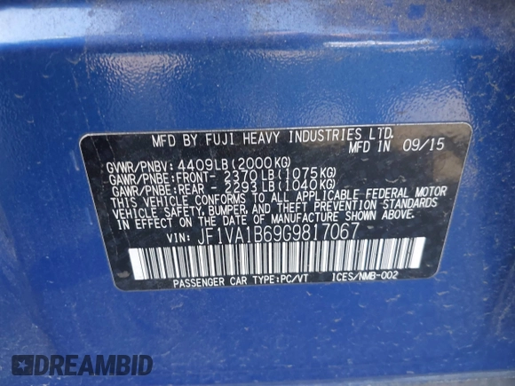 2016 Subaru WRX with VIN JF1VA1B69G9817067, listed as a IAAI auction lot 41613775 with Not provided miles and . Bid and sale history available at DreamBid. Image 9.