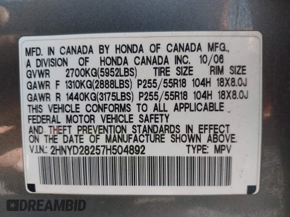 2007 Acura MDX with VIN 2HNYD28257H504892, listed as a IAAI auction lot 42219587 with 261,465 mi miles and . Bid and sale history available at carsss.com. Image 9.