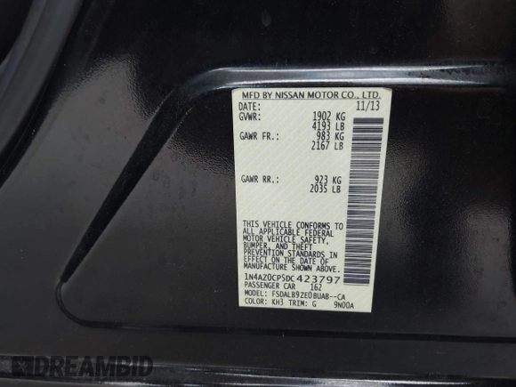 2013 Nissan LEAF SV with VIN 1N4AZ0CP5DC423797, listed as a IAAI auction lot 42097383 with Not provided miles and . Bid and sale history available at DreamBid. Image 9.