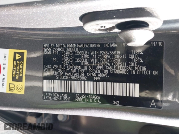 2011 Toyota Highlander Limited with VIN 5TDDK3EH7BS055802, listed as a IAAI auction lot 42207525 with 146,827 mi miles and . Bid and sale history available at DreamBid. Image 9.