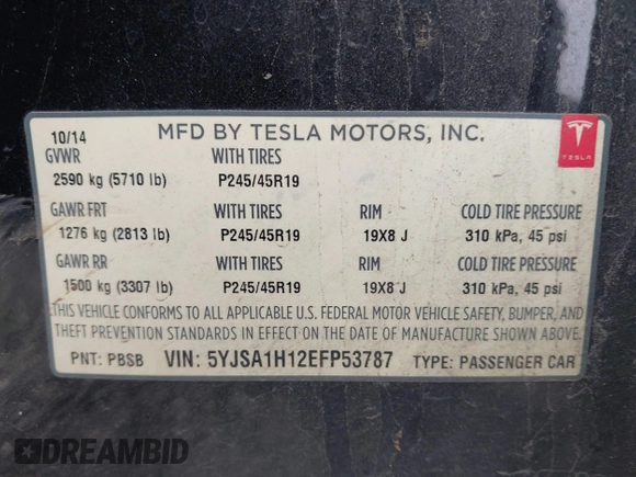2014 Tesla Model S 60 with VIN 5YJSA1H12EFP53787, listed as a IAAI auction lot 42279493 with 168,859 mi miles and . Bid and sale history available at DreamBid. Image 9.