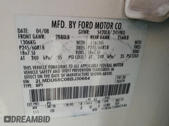 2008 Lincoln MKX with VIN 2LMDU68C08BJ30684, listed as a Copart auction lot 53810885 with 179,874 mi miles and Salvage Title. Bid and sale history available at carsss.com. Image 13.