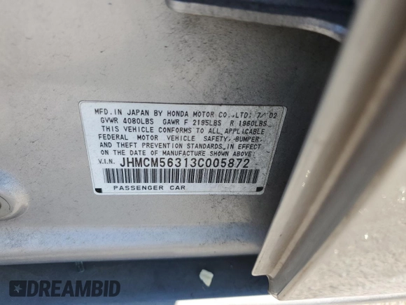 2003 Honda Accord LX with VIN JHMCM56313C005872, listed as a Copart auction lot 65050445 with 168,990 mi miles and Salvage title. Bid and sale history available at DreamBid. Image 12.