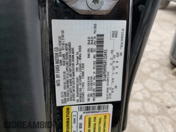 2016 Ford Fusion SE with VIN 3FA6P0H99GR133445, listed as a Copart auction lot 50791295 with 80,184 mi miles and Salvage title. Bid and sale history available at DreamBid. Image 14.