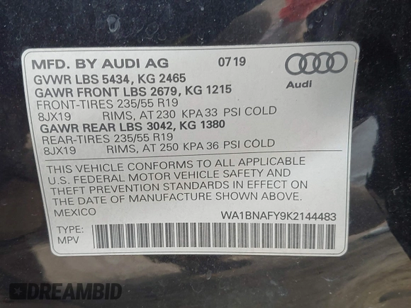 2019 Audi Q5 Premium Plus with VIN WA1BNAFY9K2144483, listed as a IAAI auction lot 41898239 with 54,676 mi miles. Bid and sale history available at carsss.com. Image 9.