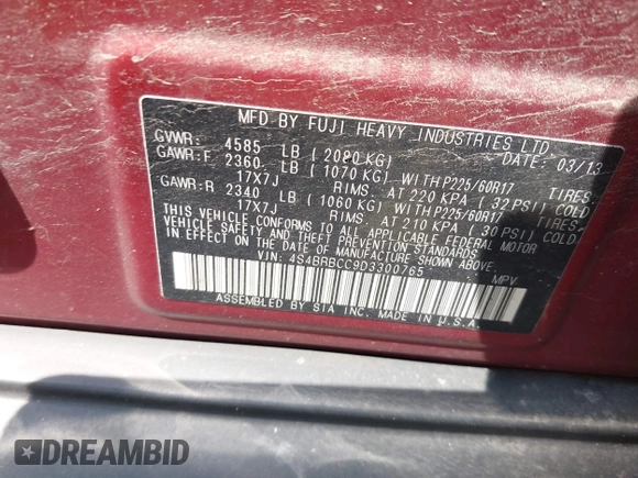 2013 Subaru Outback Premium with VIN 4S4BRBCC9D3300765, listed as a IAAI auction lot 42756639 with 149,604 mi miles and . Bid and sale history available at DreamBid. Image 9.