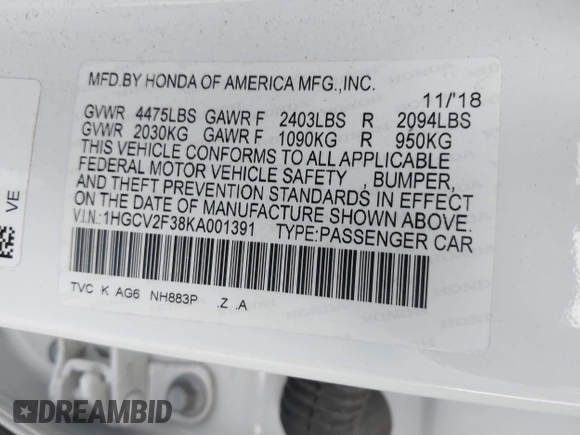 2019 Honda Accord Sport with VIN 1HGCV2F38KA001391, listed as a IAAI auction lot 42544629 with 39,663 mi miles and . Bid and sale history available at DreamBid. Image 9.