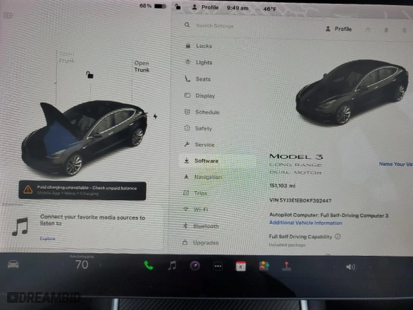 2019 Tesla Model 3 Long Range with VIN 5YJ3E1EB0KF392447, listed as a Copart auction lot 51985975 with 151,103 mi miles and Salvage Title. Bid and sale history available at carsss.com. Image 9.
