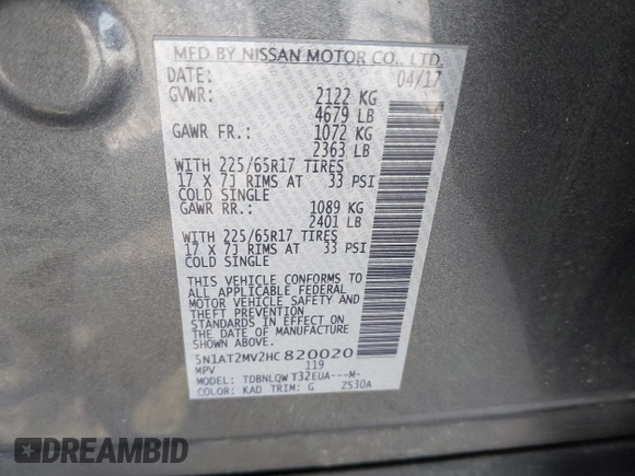 2017 Nissan Rogue SV z VIN 5N1AT2MV2HC820020, wystawiony jako IAAI lot #42071563 z przebiegiem 95 974 mil mil oraz . Historia ofert i sprzedaży dostępna na DreamBid. Obrazek 9.