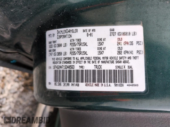 2001 Dodge Dakota Sport with VIN 1B7HG2AN71S340563, listed as a Copart auction lot 50101085 with 222,331 mi miles and Salvage Title. Bid and sale history available at carsss.com. Image 12.