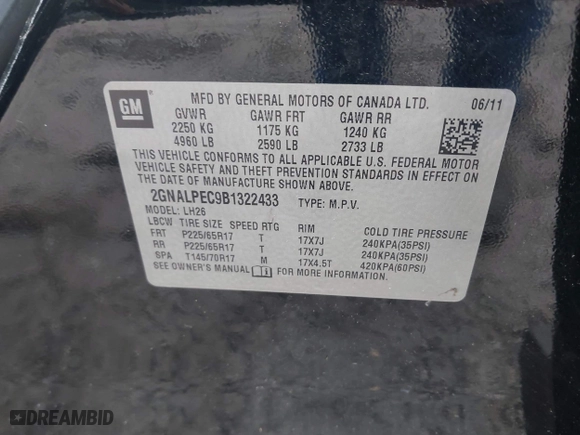 2011 Chevrolet Equinox LT w/2LT with VIN 2GNALPEC9B1322433, listed as a IAAI auction lot 41936814 with 168,060 mi miles. Bid and sale history available at carsss.com. Image 9.