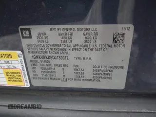 2013 Chevrolet Traverse LT with VIN 1GNKVGKD5DJ130012, listed as a IAAI auction lot 41909148 with 169,485 mi miles and . Bid and sale history available at DreamBid. Image 9.