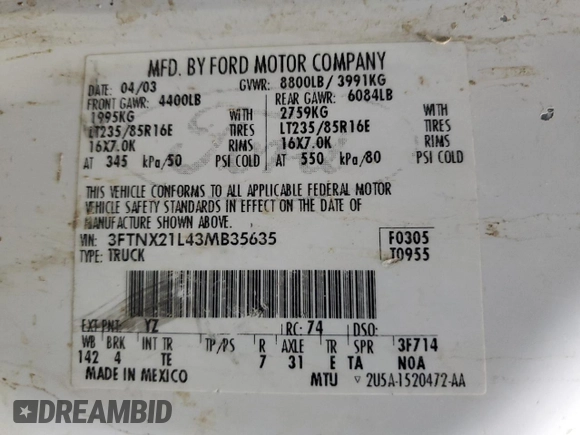 2003 Ford F-250 with VIN 3FTNX21L43MB35635, listed as a Copart auction lot 86396734 with Not provided miles and Salvage title. Bid and sale history available at DreamBid. Image 12.