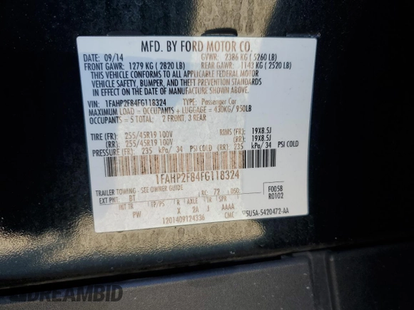 2015 Ford Taurus Limited with VIN 1FAHP2F84FG118324, listed as a Copart auction lot 63366325 with 89,306 mi miles and Salvage title. Bid and sale history available at DreamBid. Image 13.