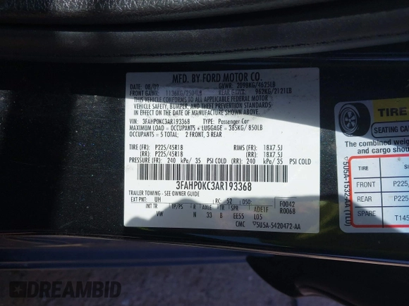 2010 Ford Fusion SPORT with VIN 3FAHP0KC3AR193368, listed as a IAAI auction lot 41819046 with 174,057 mi miles. Bid and sale history available at carsss.com. Image 9.