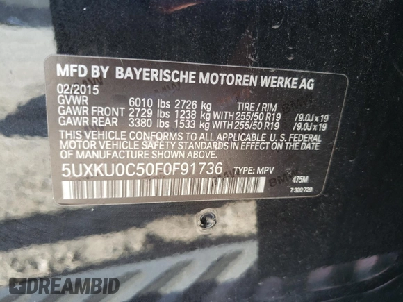 2015 BMW X6 sDrive35i with VIN 5UXKU0C50F0F91736, listed as a Copart auction lot 56662172 with 67,560 mi miles. Bid and sale history available at carsss.com. Image 10.