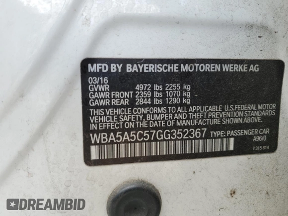 2016 BMW 5 Series 528i with VIN WBA5A5C57GG352367, listed as a Copart auction lot 54202325 with 90,284 mi miles and Salvage title. Bid and sale history available at DreamBid. Image 12.