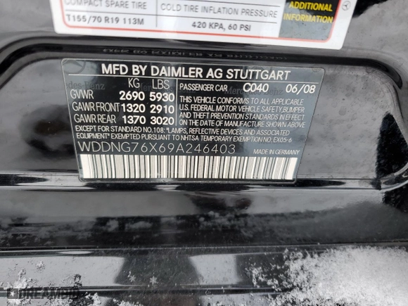2009 Mercedes-Benz S-Class 5.5L V12 with VIN WDDNG76X69A246403, listed as a Copart auction lot 41685815 with 108,138 mi miles and Clean Title. Bid and sale history available at carsss.com. Image 12.