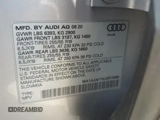 2020 Audi Q7 Premium with VIN WA1AJAF70LD010885, listed as a Copart auction lot 52346325 with 51,962 mi miles and Salvage Title. Bid and sale history available at carsss.com. Image 13.