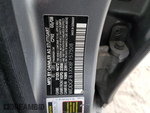 2008 Mercedes-Benz C 300 Sport with VIN WDDGF81XX8F157508, listed as a Copart auction lot 57557365 with 175,691 mi miles and Clean title. Bid and sale history available at DreamBid. Image 12.
