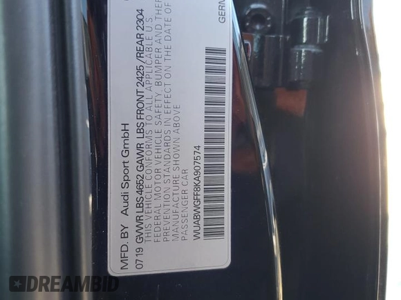 2019 Audi RS 3 with VIN WUABWGFF8KA907574, listed as a Copart auction lot 87910395 with 38,289 mi miles and Salvage title. Bid and sale history available at DreamBid. Image 12.