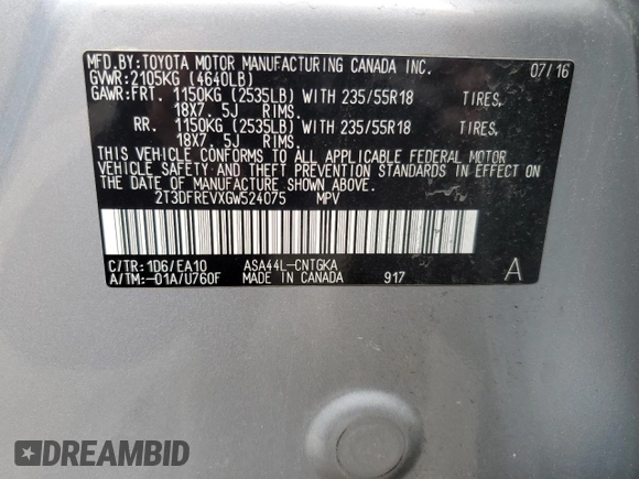 2016 Toyota RAV4 Limited with VIN 2T3DFREVXGW524075, listed as a Copart auction lot 58410135 with 84,042 mi miles and Salvage title. Bid and sale history available at DreamBid. Image 13.
