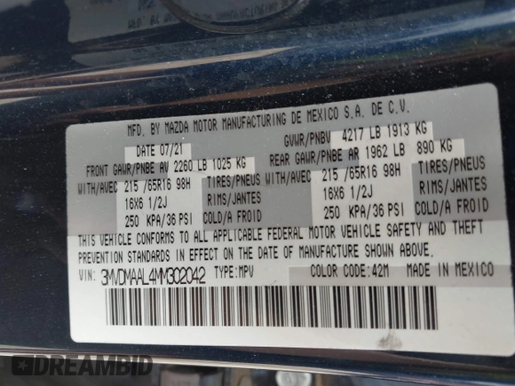 2021 Mazda CX-30 S with VIN 3MVDMAAL4MM302042, listed as a IAAI auction lot 42288275 with 39,821 mi miles and . Bid and sale history available at DreamBid. Image 9.