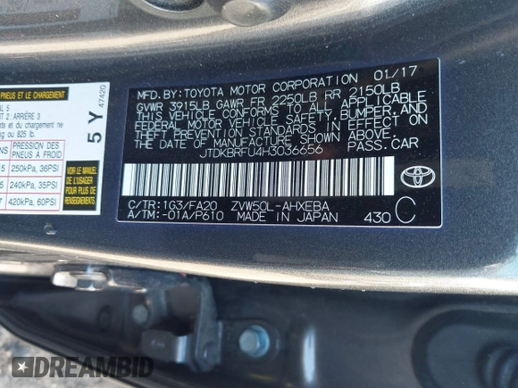 2017 Toyota Prius Two with VIN JTDKBRFU4H3036656, listed as a IAAI auction lot 41823354 with 59,233 mi miles and . Bid and sale history available at carsss.com. Image 9.