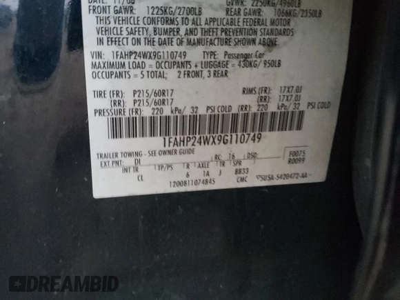 2009 Ford Taurus SEL with VIN 1FAHP24WX9G110749, listed as a Copart auction lot 83416554 with Not Provided miles and Salvage Title. Bid and sale history available at carsss.com. Image 14.