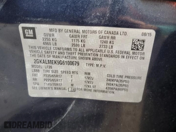 2016 GMC Terrain SLE with VIN 2GKALMEK9G6100679, listed as a Copart auction lot 88978995 with 96,060 mi miles and Salvage Title. Bid and sale history available at carsss.com. Image 16.