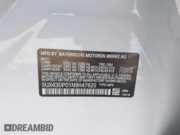 2022 BMW X3 sDrive30i with VIN 5UX43DP01N9H47620, listed as a IAAI auction lot 41321216 with 23,286 mi miles and . Bid and sale history available at DreamBid. Image 9.