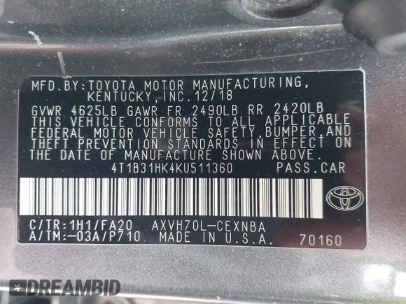 2019 Toyota Camry Hybrid LE z VIN 4T1B31HK4KU511360, wystawiony jako IAAI lot #42298260 z przebiegiem 133 019 mil mil oraz . Historia ofert i sprzedaży dostępna na DreamBid. Obrazek 9.