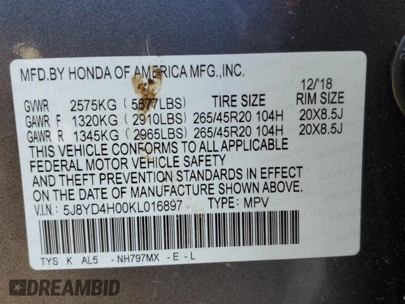 2019 Acura MDX Technology with VIN 5J8YD4H00KL016897, listed as a Copart auction lot 49585635 with 77,427 mi miles and Salvage title. Bid and sale history available at DreamBid. Image 15.