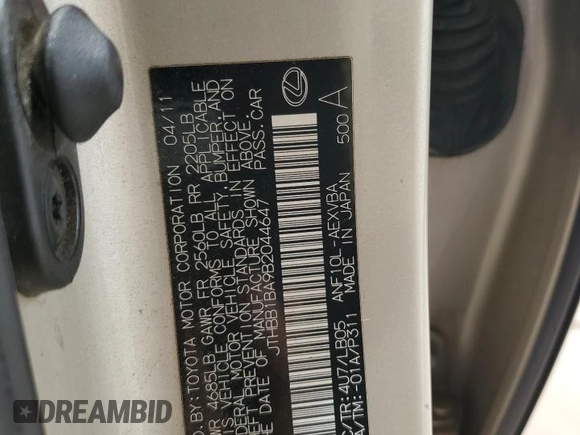 2011 Lexus HS 250h z VIN JTHBB1BA9B2044647, wystawiony jako Copart lot #55788005 z przebiegiem 170 813 mil mil oraz Szkoda całkowita • Salvage title. Historia ofert i sprzedaży dostępna na DreamBid. Obrazek 12.