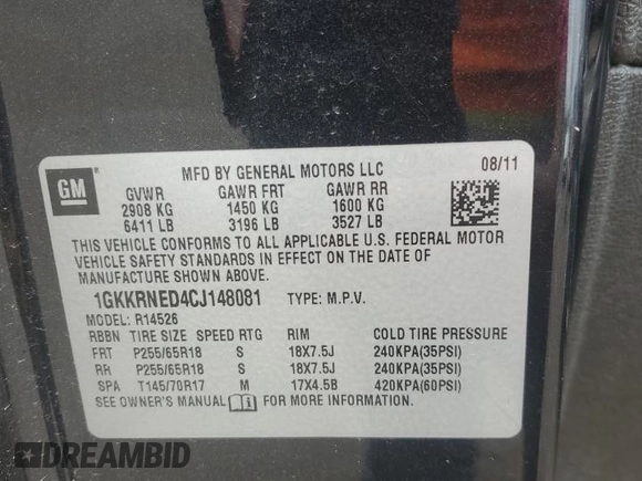 2012 GMC Acadia SL with VIN 1GKKRNED4CJ148081, listed as a Copart auction lot 54678825 with 135,405 mi miles and Salvage title. Bid and sale history available at DreamBid. Image 13.
