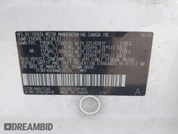 2010 Toyota RAV4 с VIN 2T3KF4DV8AW020529, выставлен на аукционе IAAI как лот 42532580 с пробегом 274 607 миль миль и . История ставок и продаж доступна на DreamBid. Изображение 9.