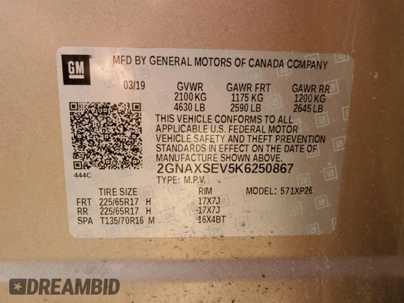 2019 Chevrolet Equinox LS with VIN 2GNAXSEV5K6250867, listed as a Copart auction lot 55721415 with 163,568 mi miles and Clean Title. Bid and sale history available at DreamBid. Image 12.