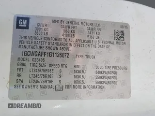 2016 Chevrolet Express Cargo Van with VIN 1GCWGAFF1G1126072, listed as a IAAI auction lot 42166064 with 245,517 mi miles. Bid and sale history available at carsss.com. Image 9.