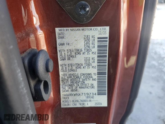 2016 Nissan Frontier SV z VIN 1N6AD0CW9GN719234, wystawiony jako Copart lot #52172465 z przebiegiem 31 086 mil mil oraz Szkoda całkowita • Salvage title. Historia ofert i sprzedaży dostępna na DreamBid. Obrazek 12.