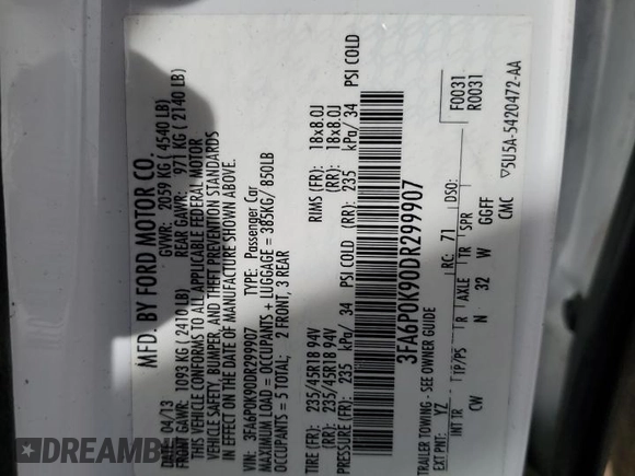 2013 Ford Fusion Titanium with VIN 3FA6P0K90DR299907, listed as a Copart auction lot 52327915 with 218,003 mi miles and Salvage Title. Bid and sale history available at DreamBid. Image 12.