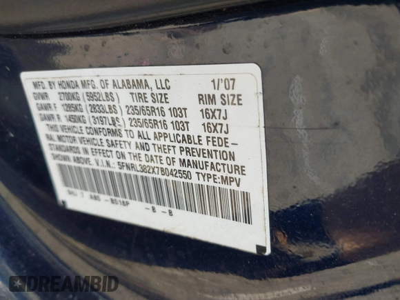 2007 Honda Odyssey LX с VIN 5FNRL382X7B042550, выставлен на аукционе IAAI как лот 42130769 с пробегом 257 480 миль миль и . История ставок и продаж доступна на DreamBid. Изображение 9.