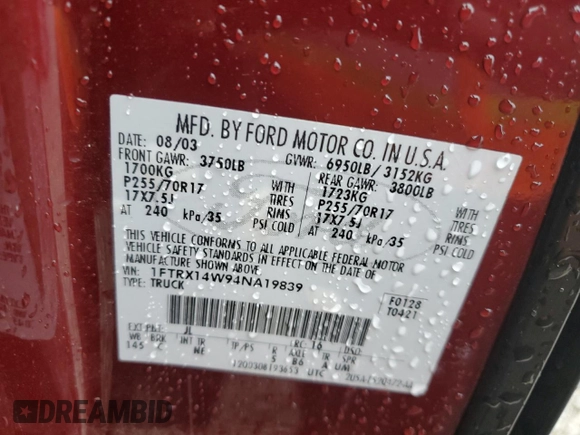 2004 Ford F-150 STX with VIN 1FTRX14W94NA19839, listed as a Copart auction lot 57643955 with 264,962 mi miles and Salvage title. Bid and sale history available at DreamBid. Image 12.