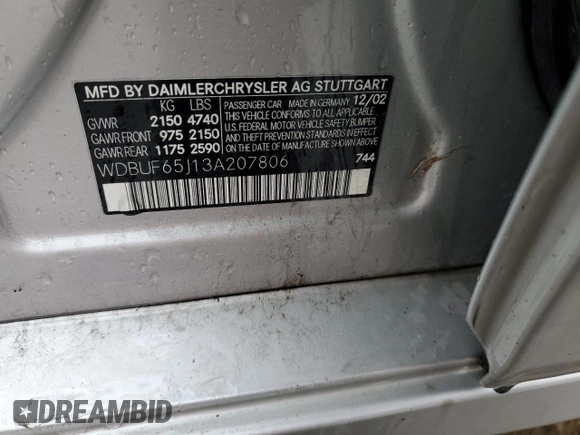 2003 Mercedes-Benz E 320 with VIN WDBUF65J13A207806, listed as a Copart auction lot 55313995 with 146,275 mi miles and Salvage Title. Bid and sale history available at DreamBid. Image 12.